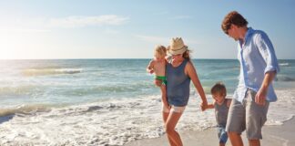 A family on the beach.