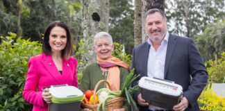 Sunshine Coast Mayor Rosanna Natoli, Minister Andrew Powell and IRT Palms resident Phillipa Wilson, centre.