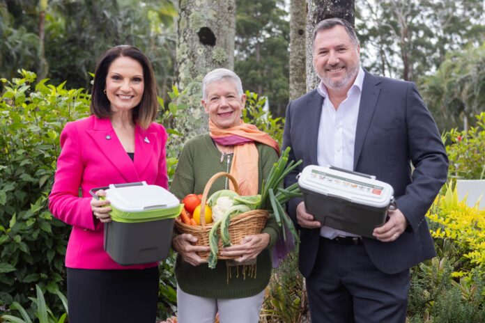 Sunshine Coast Mayor Rosanna Natoli, Minister Andrew Powell and IRT Palms resident Phillipa Wilson, centre.