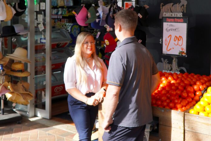 Caloundra MP Kendall Hatcher and Shane Kensett, who owns the Dicky Beach IGA.