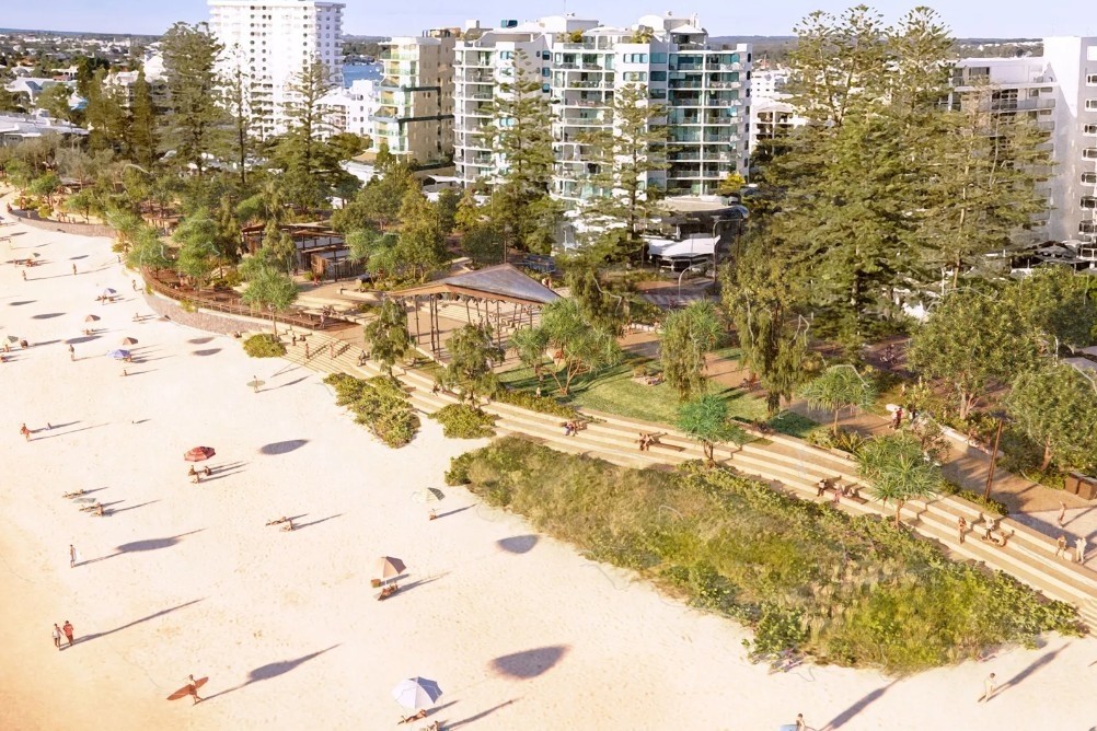 An artist's impression of the Mooloolaba foreshore, including a new amenities building near the top left.