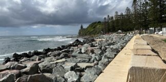 The rock wall is now largely complete in Moffat Beach.