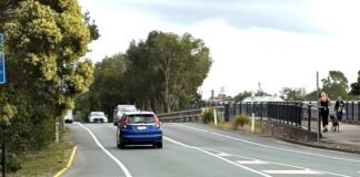 The westbound lane of the bridge.