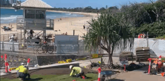 Works progressing on the footpath in front of the Mooloolaba Surf Club on June 23.