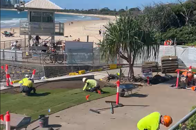 Works progressing on the footpath in front of the Mooloolaba Surf Club on June 23.