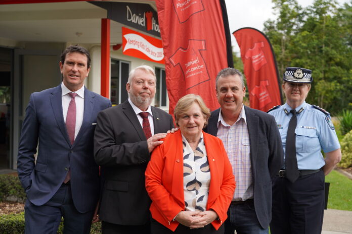 Minister for Police Dan Purdie, Bruce and Denise Morecombe, MP for Nicklin Marty Hunt and Deputy Police Commissioner Cheryl Scanlon.
