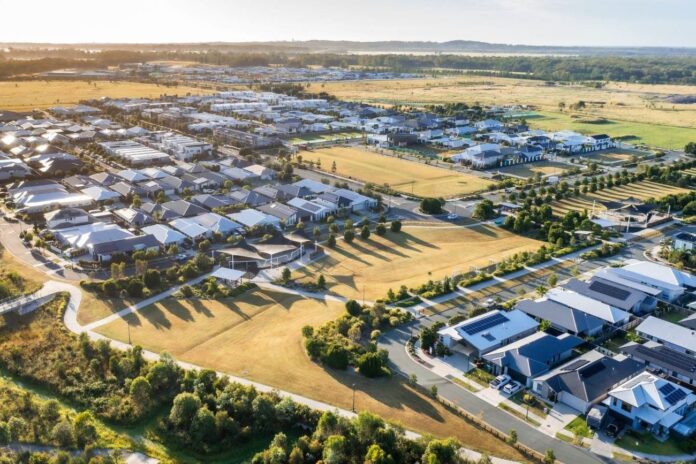 An aerial photo of the master-planned community of Harmony.