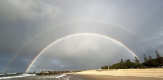 Double rainbow at Cotton Tree by photographer Brett Hegarty.