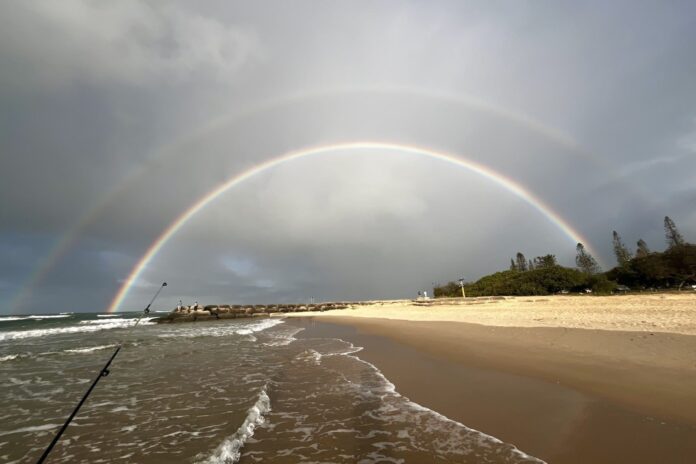 Double rainbow at Cotton Tree by photographer Brett Hegarty.