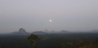 Glass House Mountains from Wild Horse Lookout. Photographer Laurel Selby