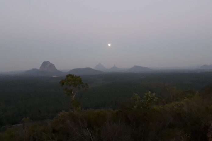 Glass House Mountains from Wild Horse Lookout. Photographer Laurel Selby