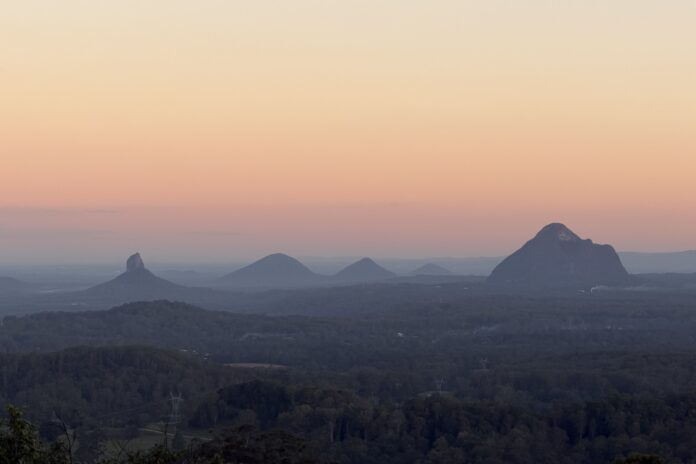 Glass House Mountains at sunset in winter. Photographer Lesley Evans.