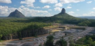 An aerial view of the Glass House Quarry site near the town of Glass House Mountains.