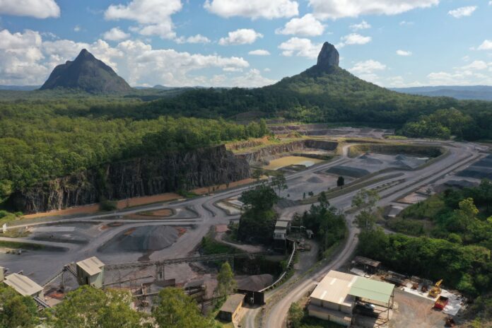 An aerial view of the Glass House Quarry site near the town of Glass House Mountains.