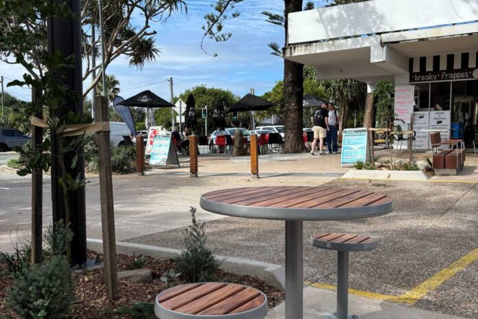 Part of the renewed area in Coolum, including a seating area.