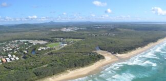 An aerial photo of Stumers Creek at Coolum Beach.