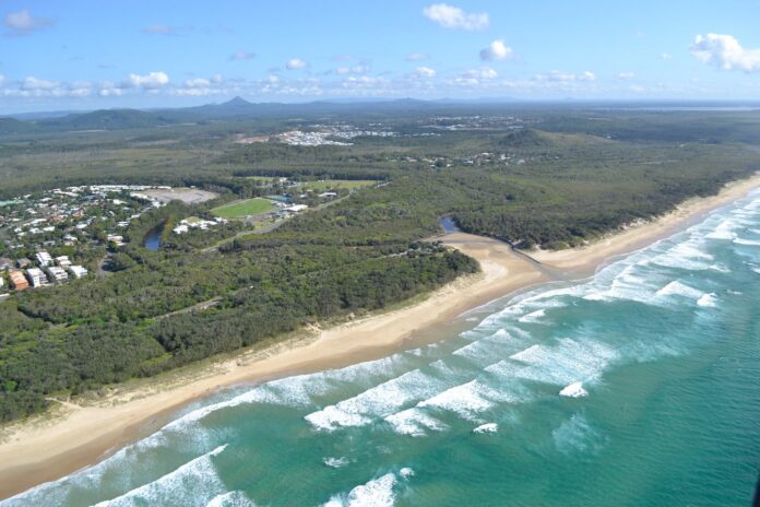 An aerial photo of Stumers Creek at Coolum Beach.