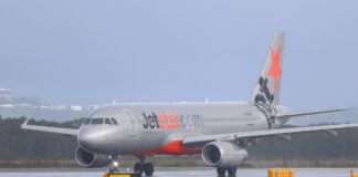 A Jetstar plane on the tarmac at Sunshine Coast Airport.