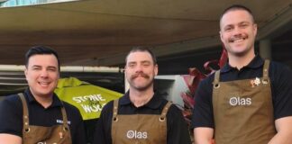 Olas Beach House head chef Angelo Puelma, with front-of-house managers Thomas Ring and Jack Quinn. Picture: Supplied