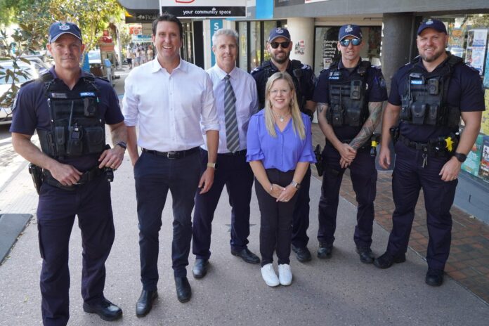 Minister for Police Dan Purdie and MP Kendall Hatcher with police on the streets of Caloundra.