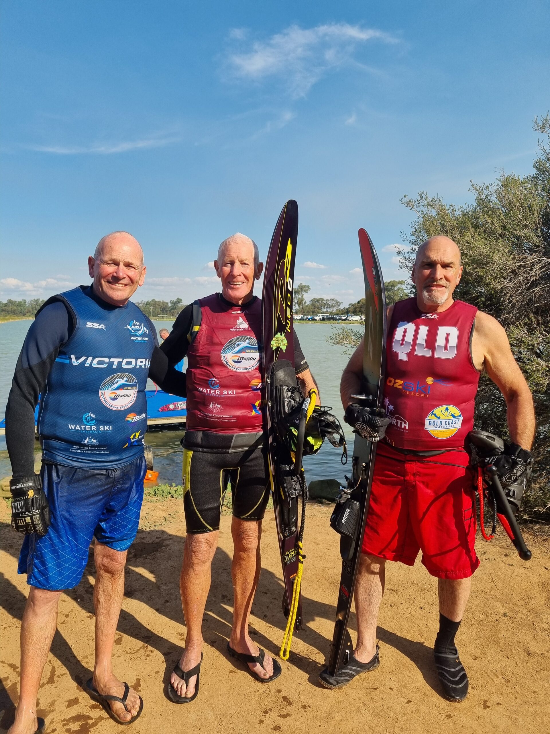 Fred Douglas (middle) at the Australian Titles in Mulwala, NSW, where he won gold in the Over-70s division of Men’s Slalom. Picture: Supplied