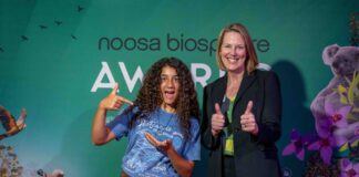 The 2025 Environmental Steward Award (Under 30) winner Chaka Wood and UniSC vice chancellor Alex Elibank Murray.
