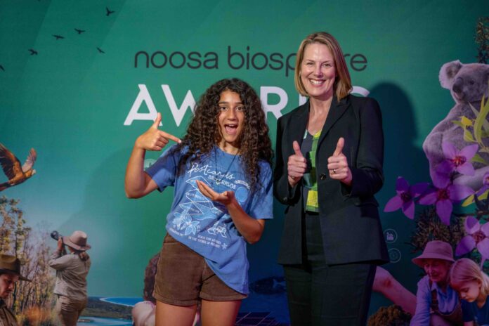 2025 Environmental Steward Award (Under 30) winner Chaka Wood and UniSC vice chancellor Alex Elibank Murray, Noosa Biosphere Awards.