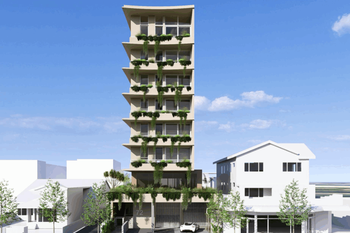 A render of the proposed mixed use building.