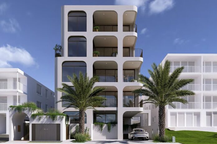 A render of the unit block, as seen from the beach