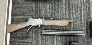 Firearms laid out on a floor.