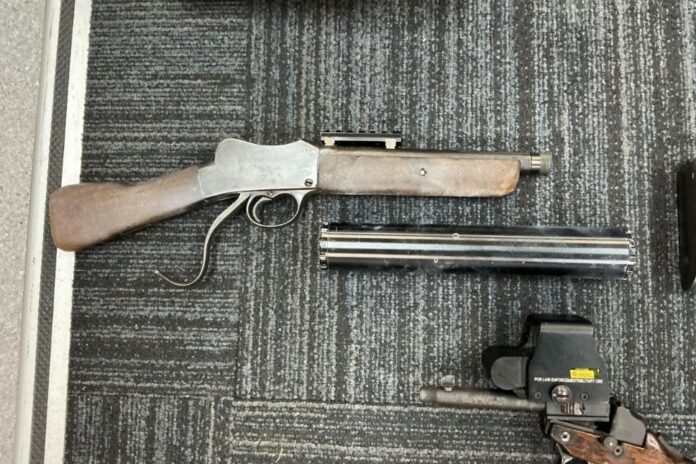 Firearms laid out on a floor.