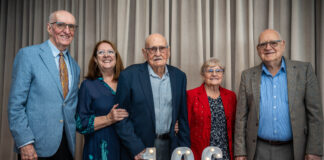Mick Scott stands with his children (left to right) Les Scott, Lorraine Scott, Mick Scott, Janet Francis, Rick Scott. Picture: Jessica O’Hare