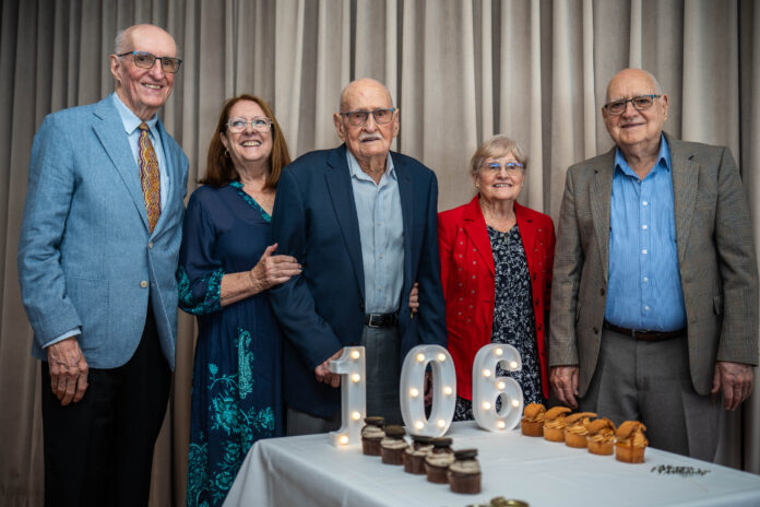 Mick Scott stands with his children (left to right) Les Scott, Lorraine Scott, Mick Scott, Janet Francis, Rick Scott. Picture: Jessica O’Hare