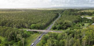 An aerial photo of Sunshine Motorway and West Coolum Road overpass.