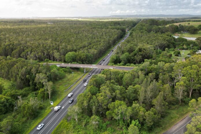 An aerial photo of Sunshine Motorway and West Coolum Road overpass.