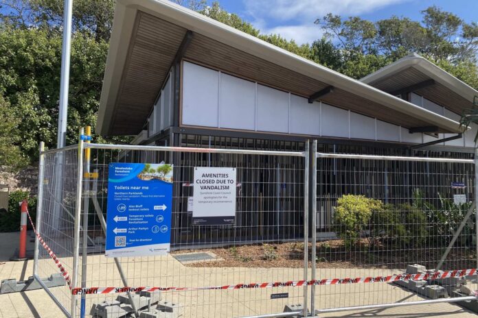 The damaged amenities block at the Northern Parklands at Mooloolaba.
