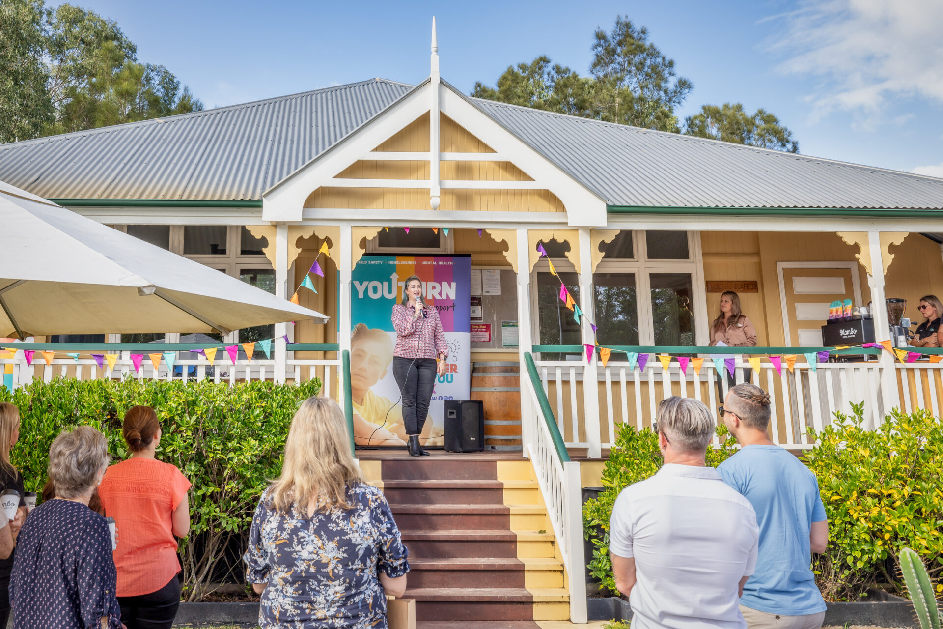 Youturn supporters gathered in Tewantin in 2023 to celebrate the launch of the Big Hearts for Tiny Homes project, providing transitional housing for young people. Picture: Youturn