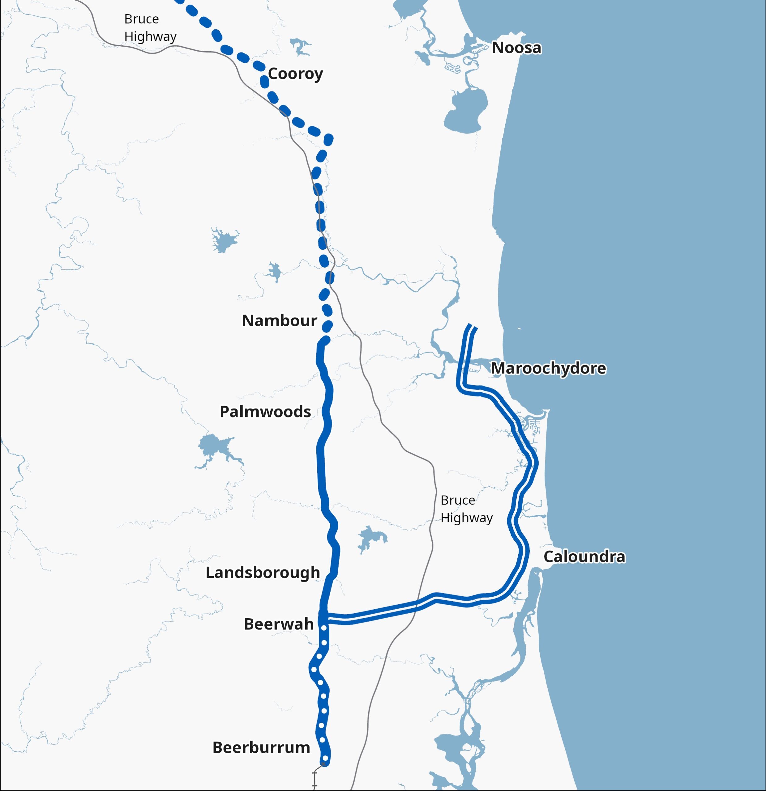 A TMR map showing the location of the Beerburrum to Nambour Rail Upgrade Duplication Study project, as well as the project area for Beerburrum to Nambour Rail Upgrade (Stage 1) from Beerburrum to Beerwah and the location of the Wave Stages 1,2, and 3 from Beerwah to the Sunshine Coast Airport.
