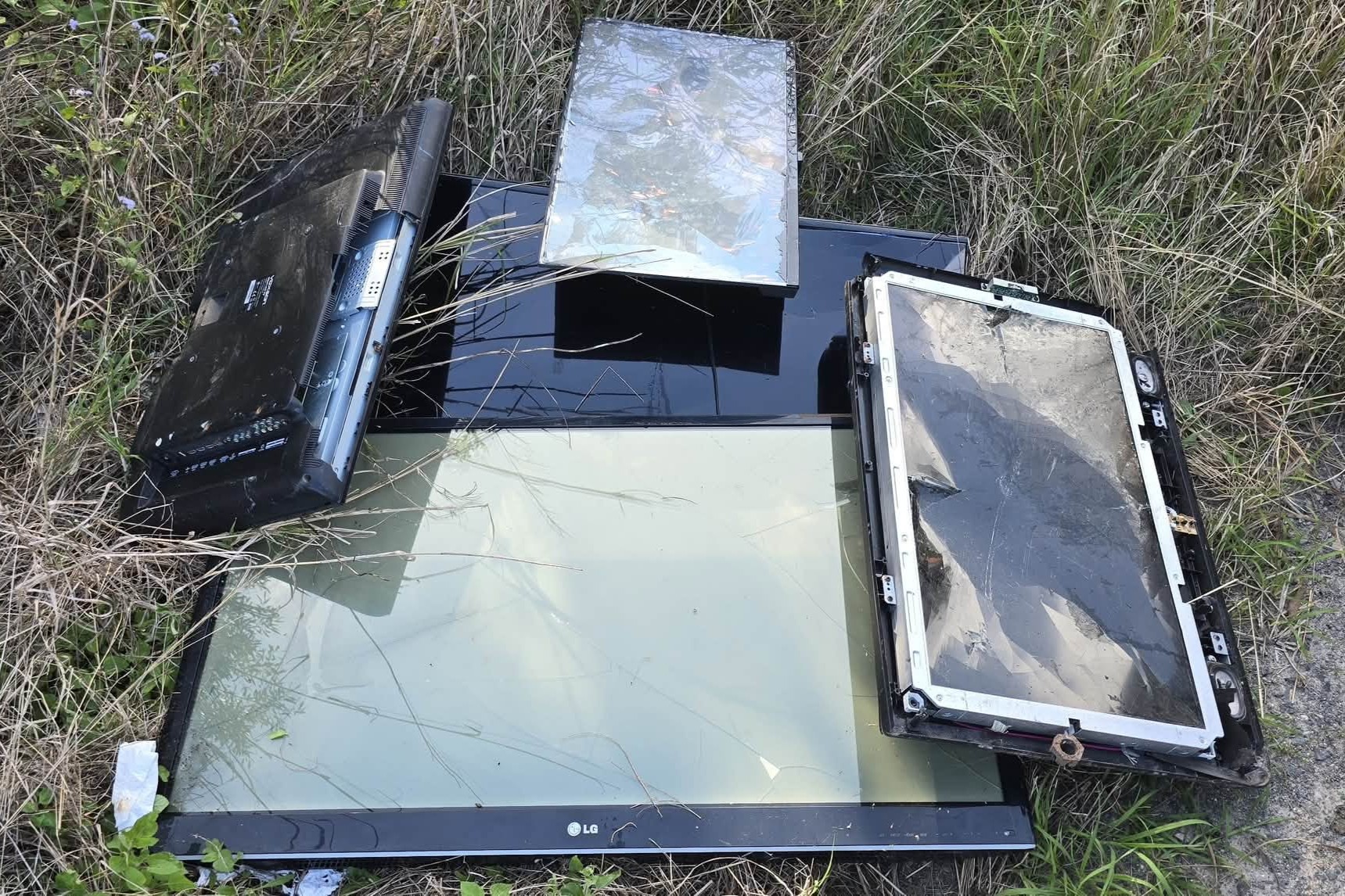 Broken televisions and computer screens dumped in forest land.