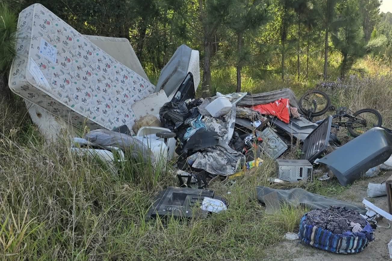 A pile of rubbish in bushland.