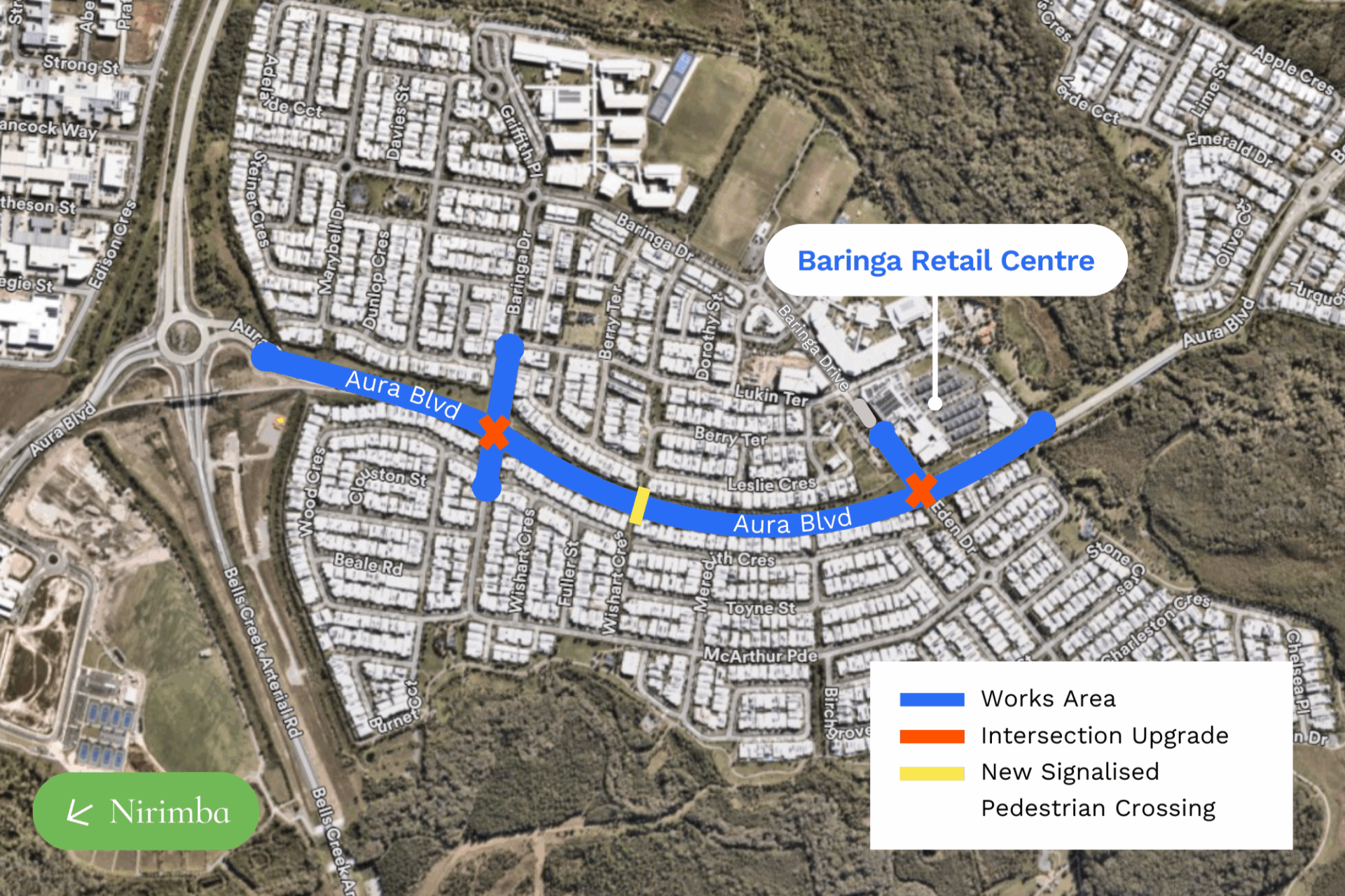 An illustrated construction map of the Aura Boulevard duplication project.