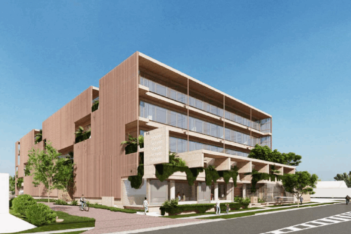 A render/artist's impression of a modern five-storey building.