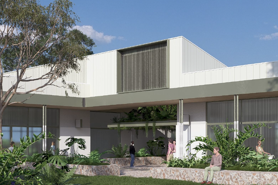 An artist's impression of a modern white building surrounded by green landscaping.