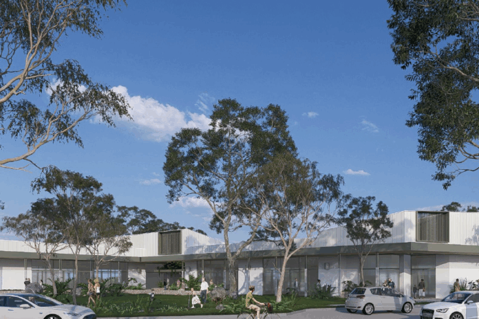 A render of a new building and surrounding landscaping in the Aura business precinct.
