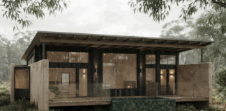 A timber and glass cabin surrounded by grassland and bush.