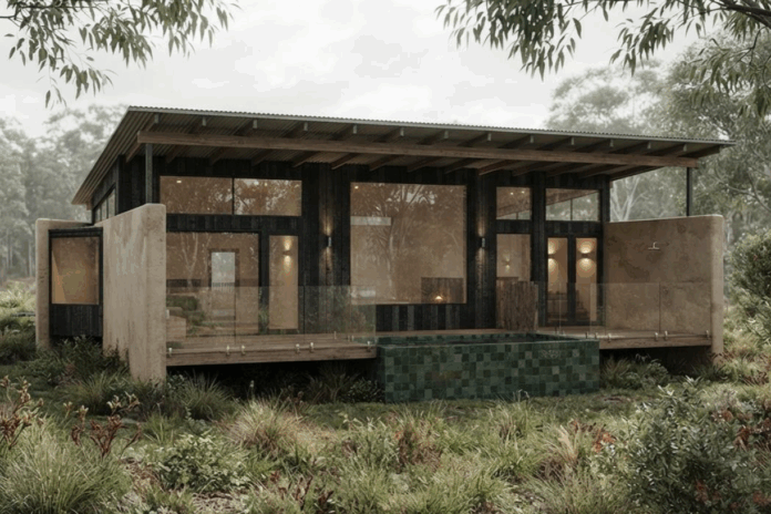 A timber and glass cabin surrounded by grassland and bush.