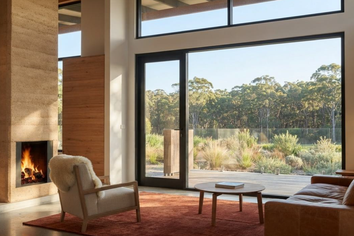 Artist's impression of a living space with furniture with an outlook to the bush and forest land outside.