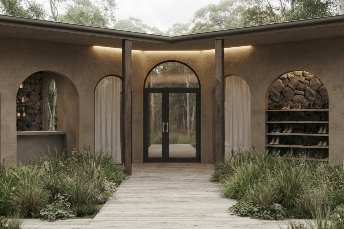 Artist's impression of a neutral-coloured day spa building with greenery.