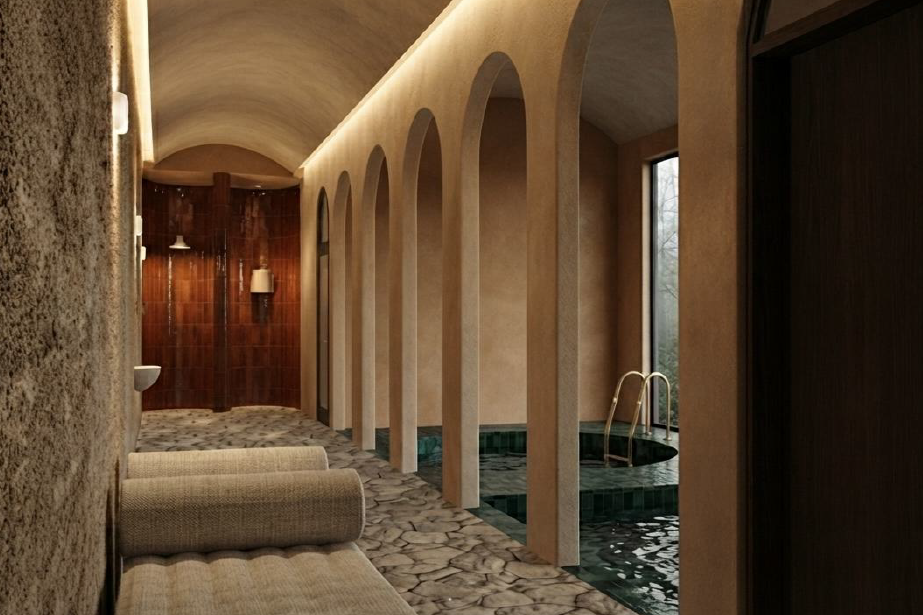 Artist's impression inside a neutral coloured day spa with a bath and arched walkways.