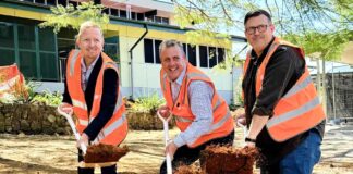 Woombye State School Principal Matthew Meharg, Member for Nicklin Marty Hunt and President of Woombye SS P&C Association Tim James break ground on the project.